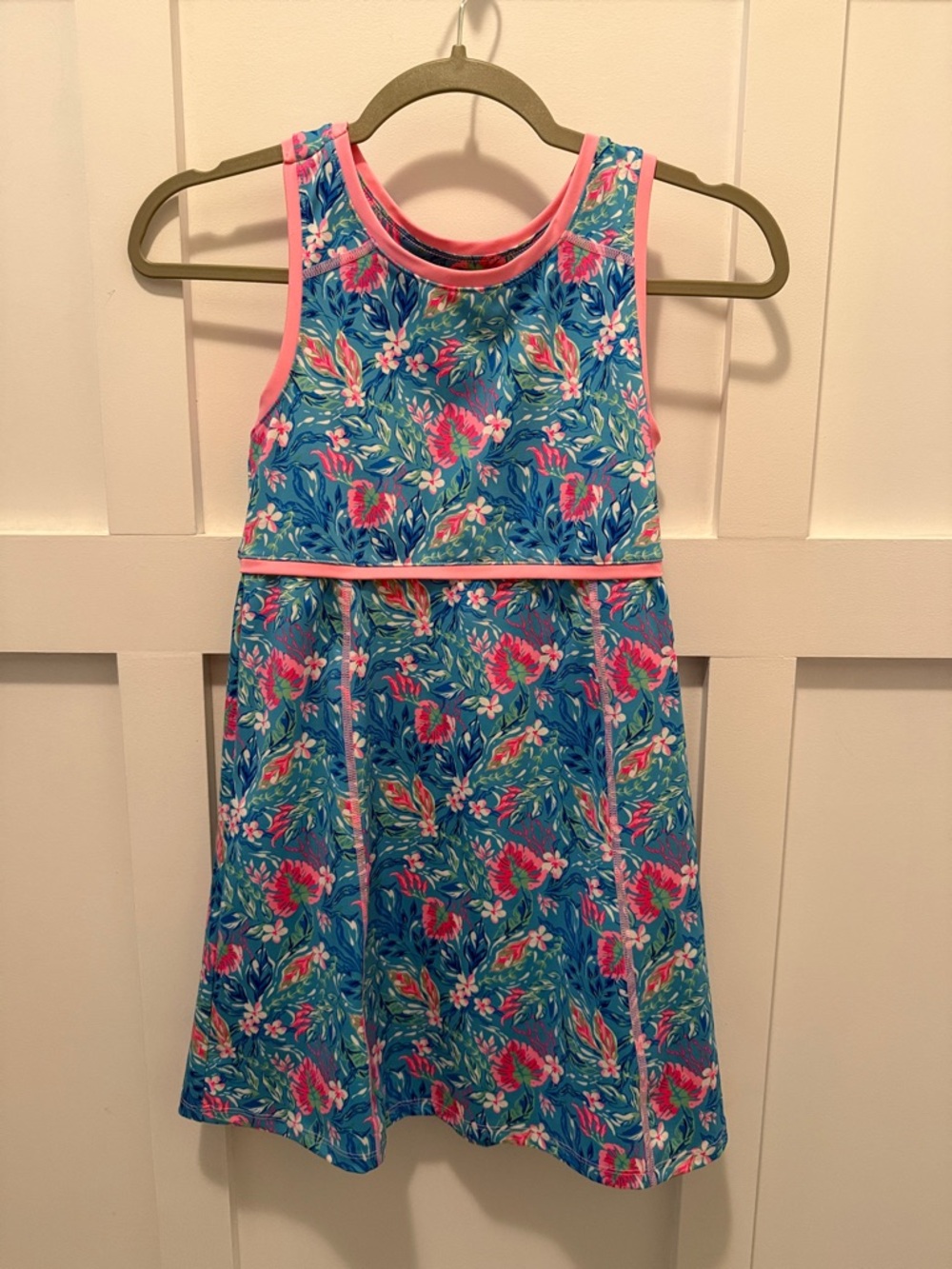 Girls Tommy Bahama Blue Floral Tank Dress with Pink Trim size large 10-12